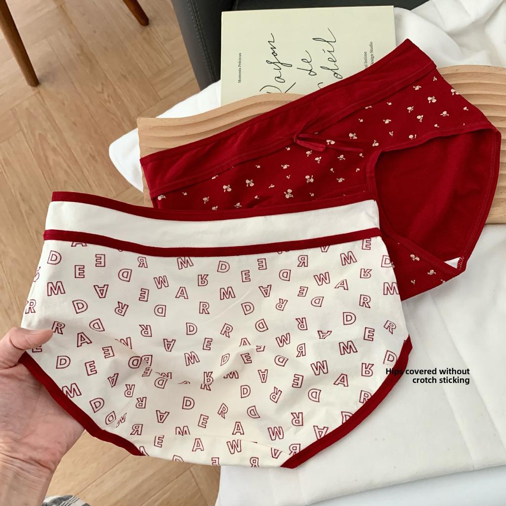 Lady Spring and Autumn Year Marriage Red Pure Cotton Extended Crotch Wrapped Hip Underwear