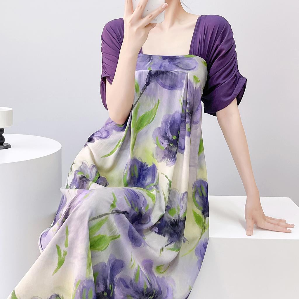 Short-sleeved cotton silk nightgown women's summer square collar improved Hanfu national style cotton silk skirt loungewear can be worn outside