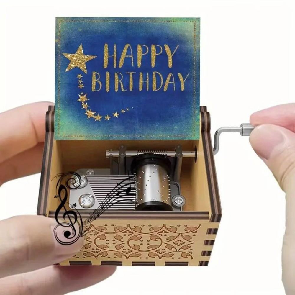 

New Happy Birthday Wooden Music Box Hand Crank Pink Carved Musical Box Classical Light Luxury Music Gifts Birthday Gifts
