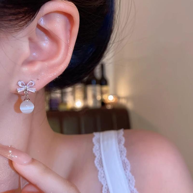 Sweet Bow Teardrop Pendant Earrings Women Zircon Design Luxury Versatile Elegant Minimalist Accessories Commute Daily Wear Gift