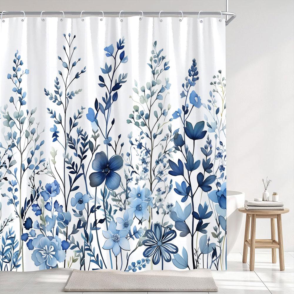 Simple Watercolour Floral Shower Curtain Blue Flower Yellow Grey Botanical Flower Polyester Fabric Shower Curtain Bathroom Decor