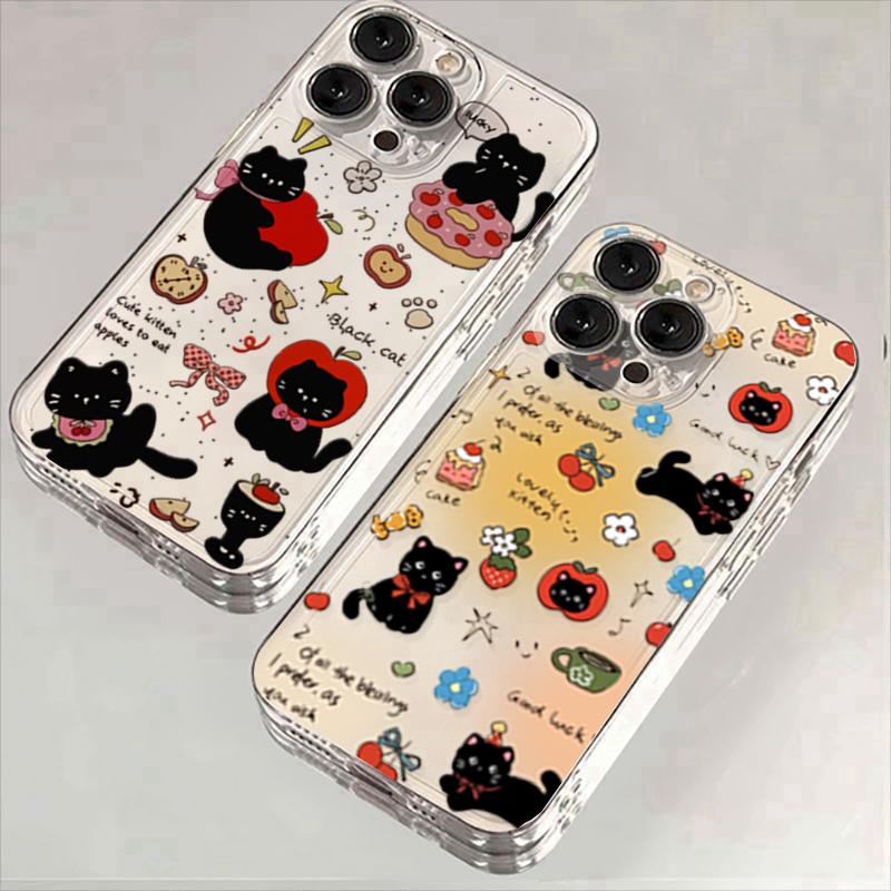 Hülle Für iPhone 16 PRO Max 14 Plus 13 12 Mini 11 Pro Max 6E Lustiges Schwarzes Katzen Paar Niedlich Silikon Transparent Weiche Abdeckung
