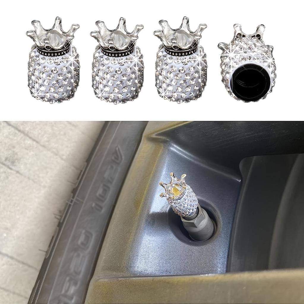 Handmade Crown Sparkling Crystal Rhinestone Car Wheel Tire Valves: Attractive Dustproof Car Accessories, Universal Valve Caps for Most Vehicles
