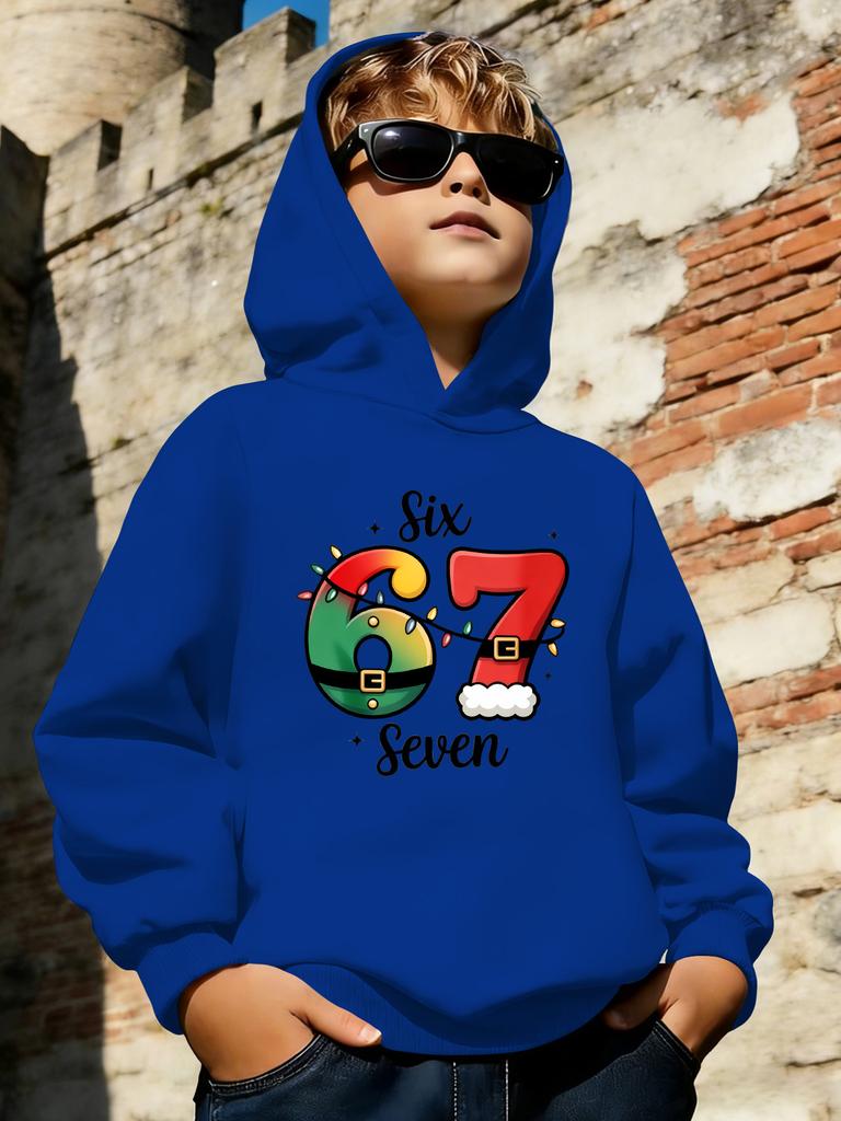 67" Seven Number Boys' Hooded Sweatshirt, Casual Daily Wear, Home and Outdoor, Fashion Print,t Gift for Kids