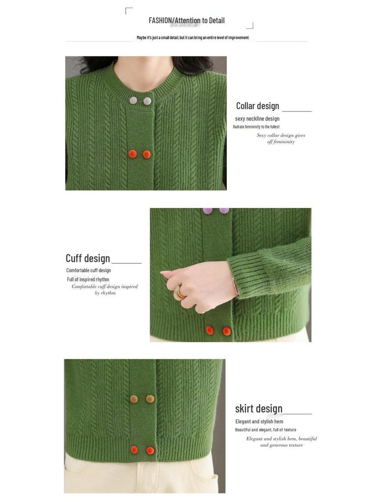 Women's Wool Knit Cardigan - Autumn 2025, Round Neck, Colorful Buttons, Short Sweater Coat