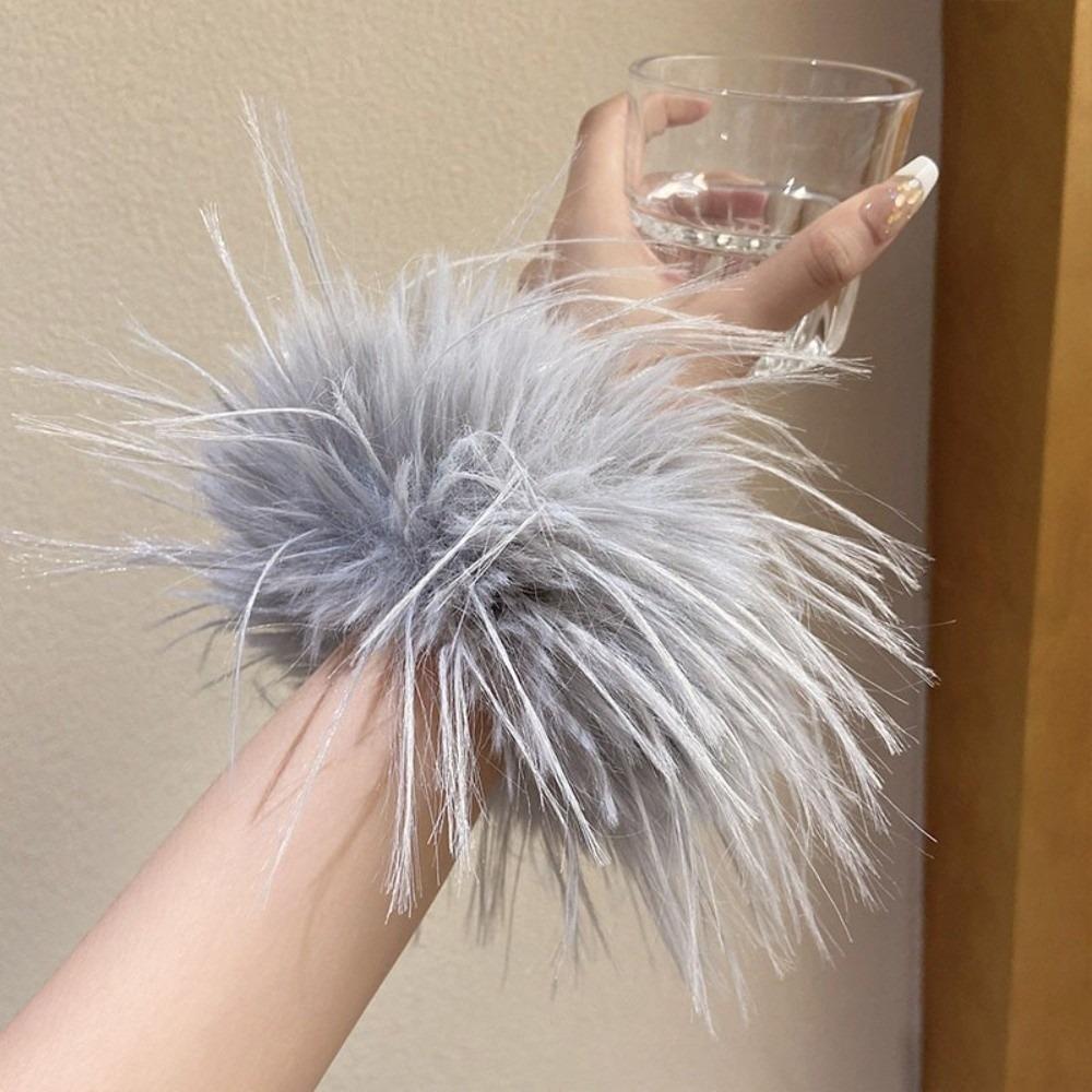 

Korean Style Plush Hair Ring Adjustable Cuff Bracelet Trendy Feather Hair Rope for Women сірий