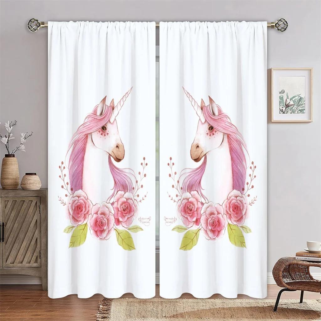 3D Rainbow Horned Horse Sunshade Curtains, 2 Panels, Suitable for Bedroom, Living Room, Kids Room, Office, Home Decoration