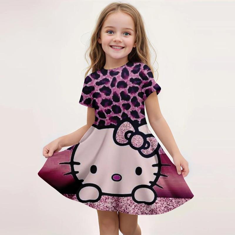 Popula Children's New Fashion Kawaii Girl Dress Cartoon Cute Hello Kitty 3D Printed Princess Dress Short Dress