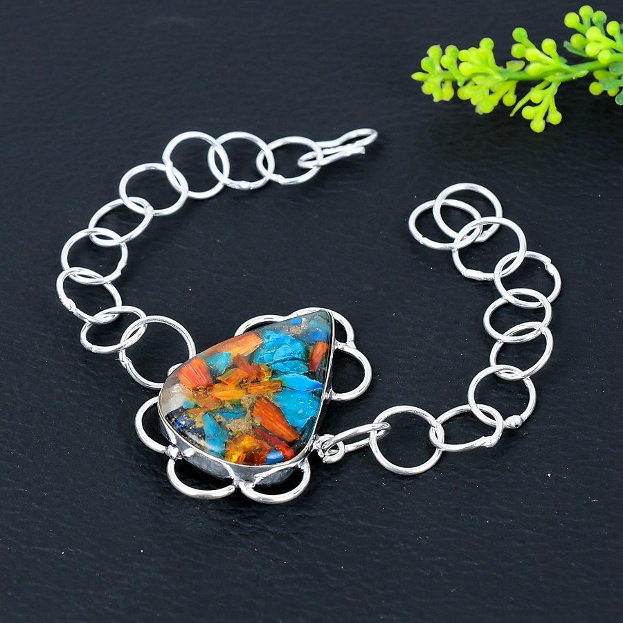 Spiny Oyster Gemstone Handmade 925 Sterling Silver Bracelet 7-8" z2I54