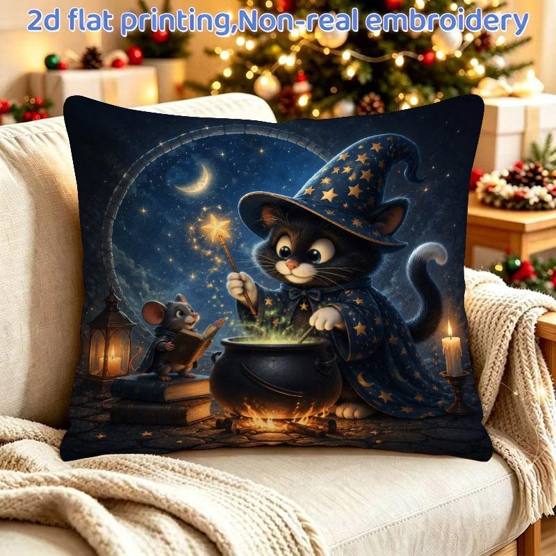 1pc 2D Flat Printing Pillowcase, Single-Sided Magic Wizard Black Cat And Little Mouse Casting Pattern, Size 45X45Cm/18X18 Inches, Pillow Core Not Incl