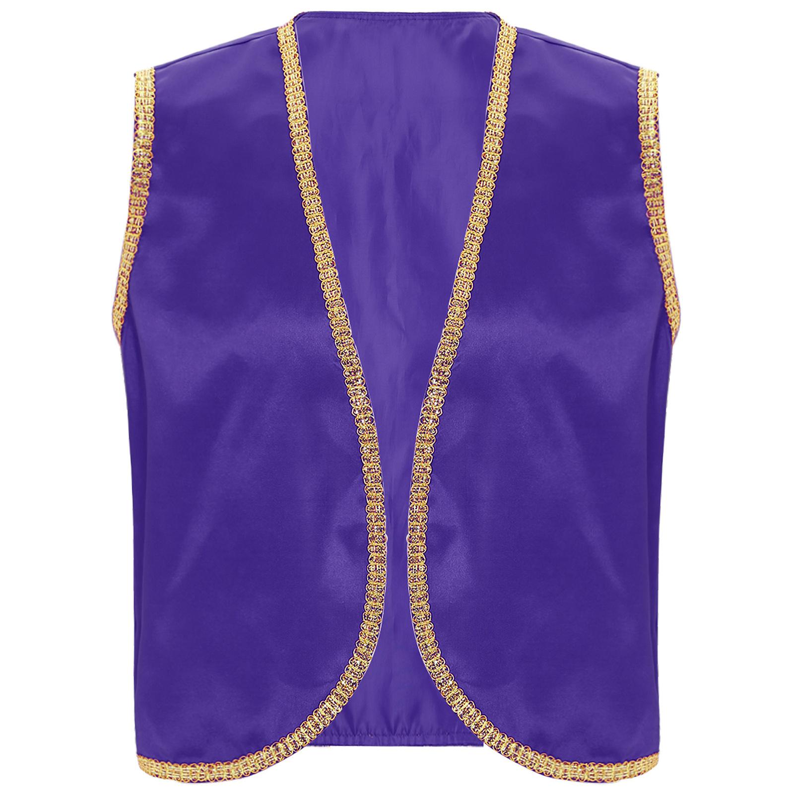 

Mens Arabian Prince Costume Stain Vest Shiny Gold Trim Open Front Curved Waistcoat S темно-фіолетовий колір