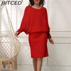 BITCED Autumn/Winter Plus Size Women's Loose Batwing Sleeve Knitted Long Pullover Dress
