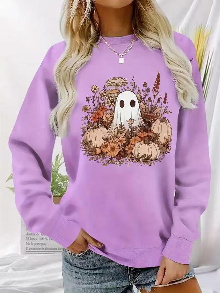 2025 Autumn/Winter Halloween Ghost & Pumpkin Hoodie, Versatile Long Sleeve, Round Neck