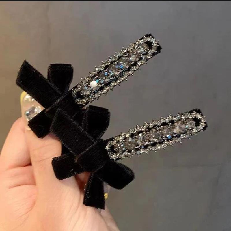 1PCS Black Velvet Hair Clips Hair Clips Glitter Diamonds,Premium Rhinestones Bow Duckbill Clips Forehead Shattered Hair Clips