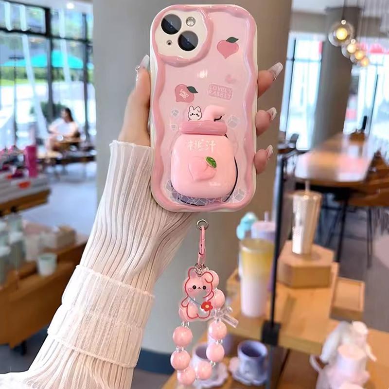 Pink Peach Strawberry 3D Holder Stand Bracelet Chain Case For Realme C55 C35 C12 C15 C20 C30 C21 5 6 7 Pro 8 10 11 A57 A1K cover