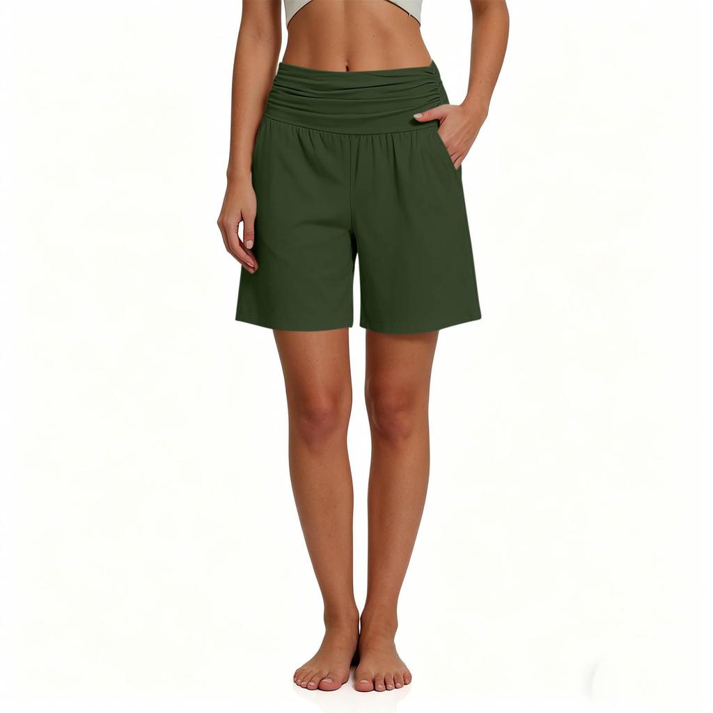 Women's Casual High Waist Elastic Shorts with Pockets Comfortable Lightweight Soft Fabric Mid Length Lounge Shorts for Daily Wear