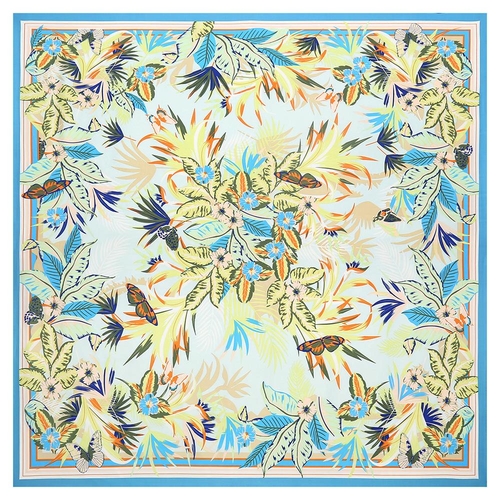 POBING Silk Scarf Women Large Shawls Floral Plant Print Stoles Square Bandana Luxury Kerchief Hijab Scarf Female Foulards 130CM