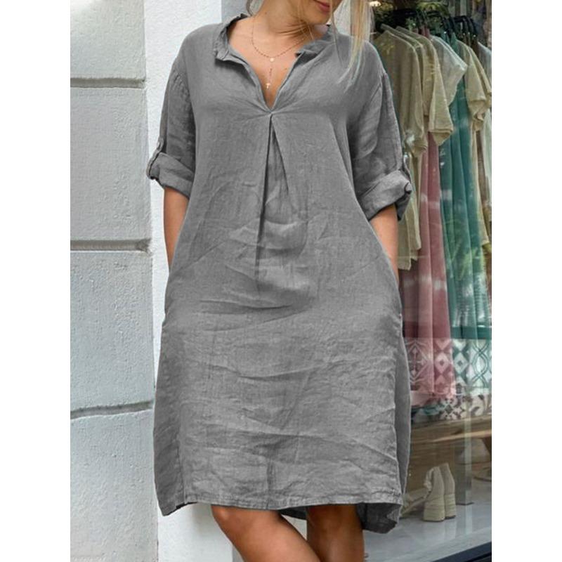 

TIFICY Women s Fashion Spring Fall Solid Color Print Long Sleeve V-Neck Loose Waistline Casual Dresses S темно-серого