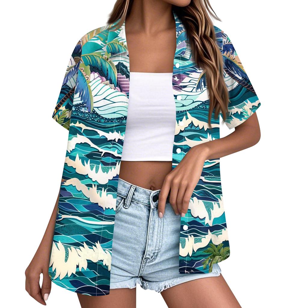 Women’s Fashion Casual Hawaiian Print Short Sleeve Button Down Collared Shirt Top with Relaxed Fit for Everyday Wear