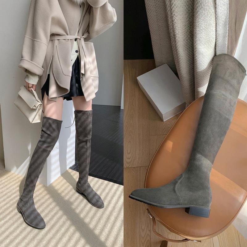 Over-the-knee Boots, Women's Shoes, Chunk-heeled Sleeve Boots, Flat-bottomed Round-toed Slimming Boots