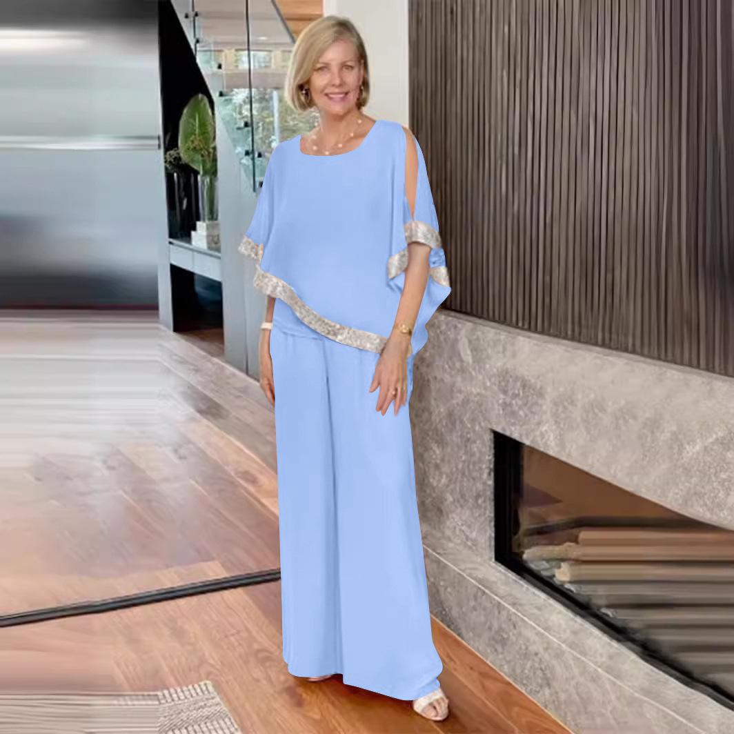 

Топ с рукавами «летучая мышь» и брюки широкого кроя с пайетками и цветными блоками, комплект весна/лето 2025 XL светло-синий