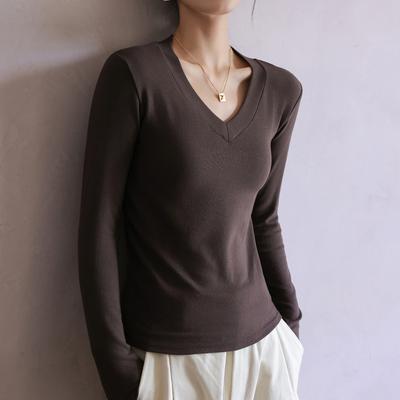 Q Thread V-neck Versatile Solid Color Base Shirt for Women In Autumn Slim Fit and Slim Inner Top Long Sleeve T-shirt Base Shirt