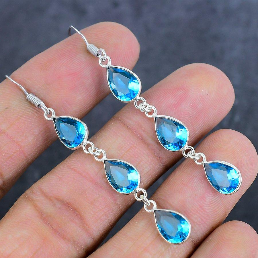 Swiss Blue Topaz Gemstone Handmade 925 Sterling Silver Earring 2.44" r8U00