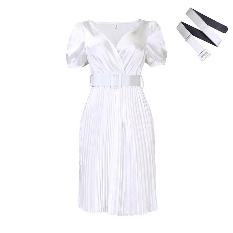 Women s clothing with belt  summer new collar sexy pleated large size dress S белый