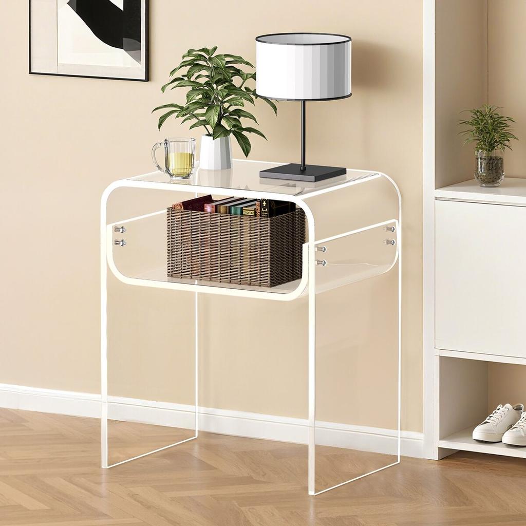 Acrylic Side Table, 2 Tiers Clear Bedside Table with Storage Shelf, Modern Rectangle Acrylic End Desk, Transparent Thick Nightstand for Bedroom,