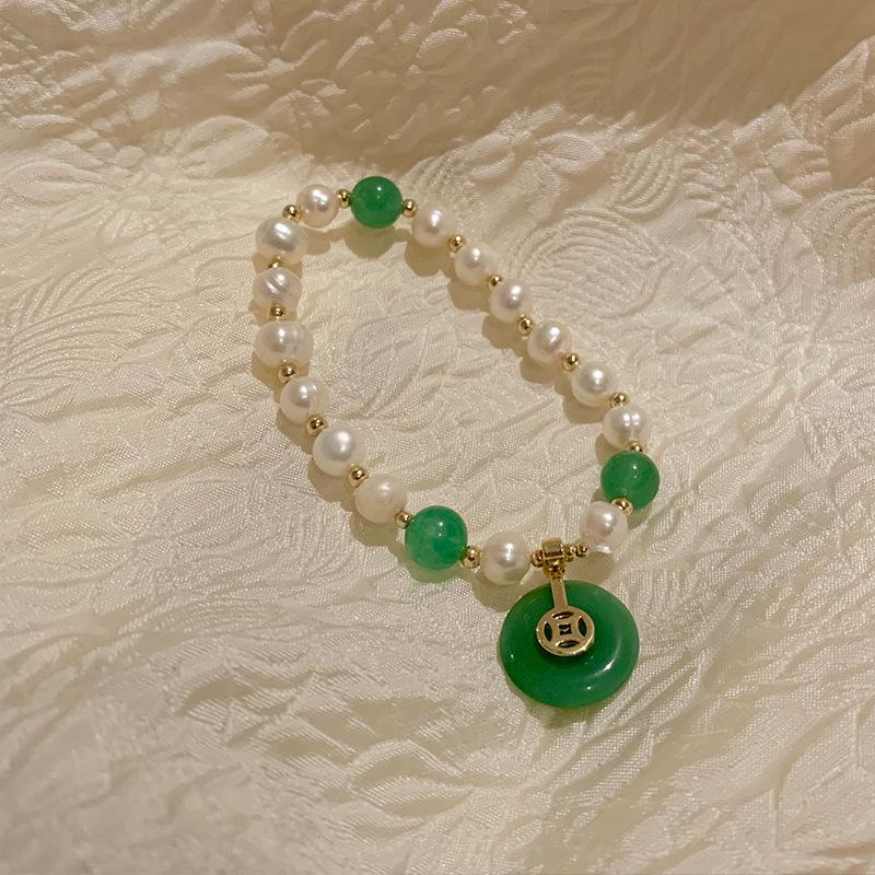 

Винтажный браслет с символом Фу, зеленым камнем и пресноводным жемчугом - этнический стиль, женская модная бижутерия