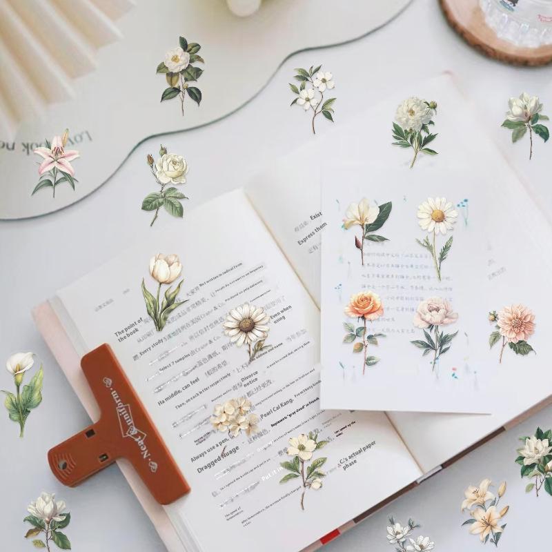 50Pcs Waterproof Decals Retro Long Branch Flower Plastic Stickers Luggage Manual Material Retro Flower Decoration
