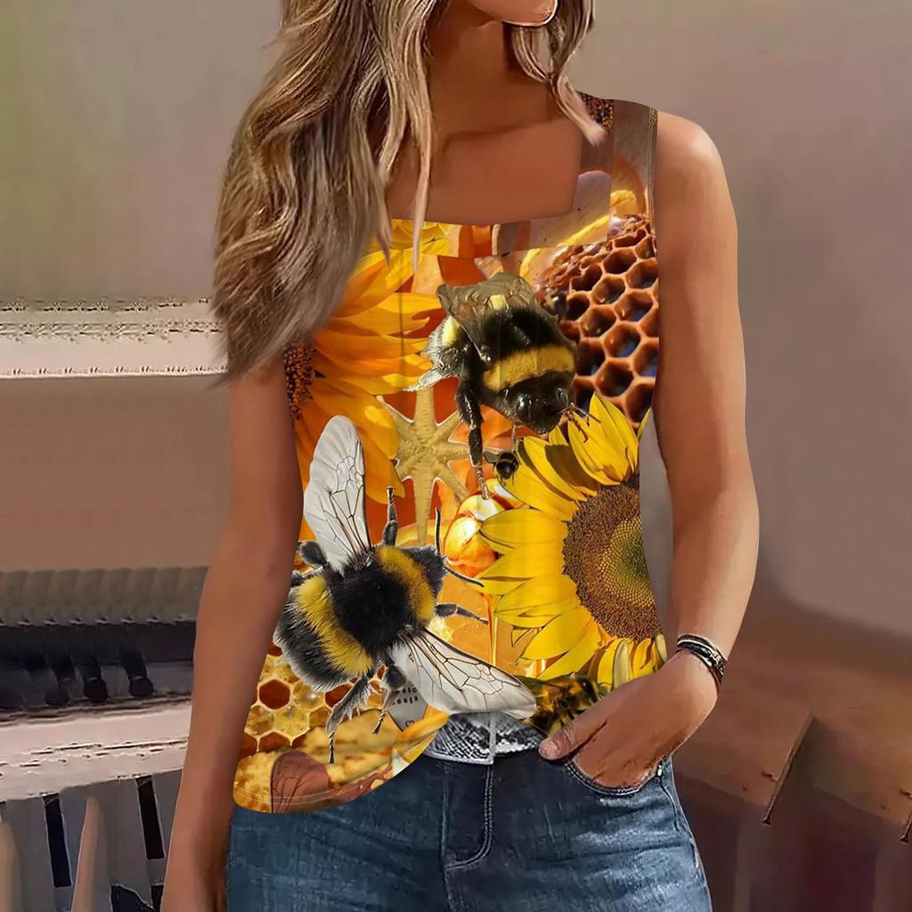 Women's Fashion Casual Pleated Square Collar Sleeveless Vest Print Summer T-shirt