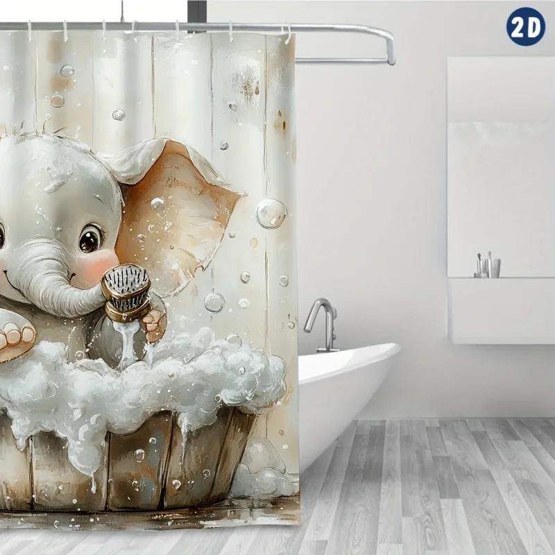 1pc Cute Elephant Bathtub Shower Curtain with Hooks, 70.8x70.8 Inch, Durable Polyester, Easy to Clean, Whimsical Cartoon Design