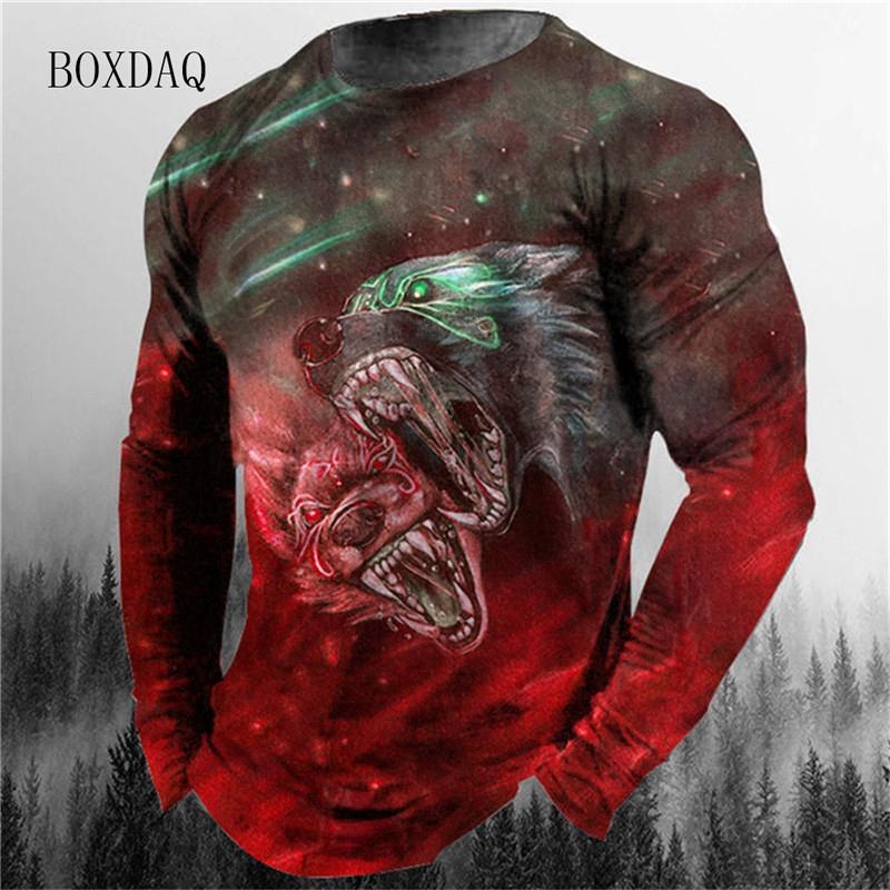 3d Animal Wolf Pattern Print Men's T-shirts Spring Autumn Long Sleeve Street Style Cotton Oversized Tops Loose Casual O-Neck Tee