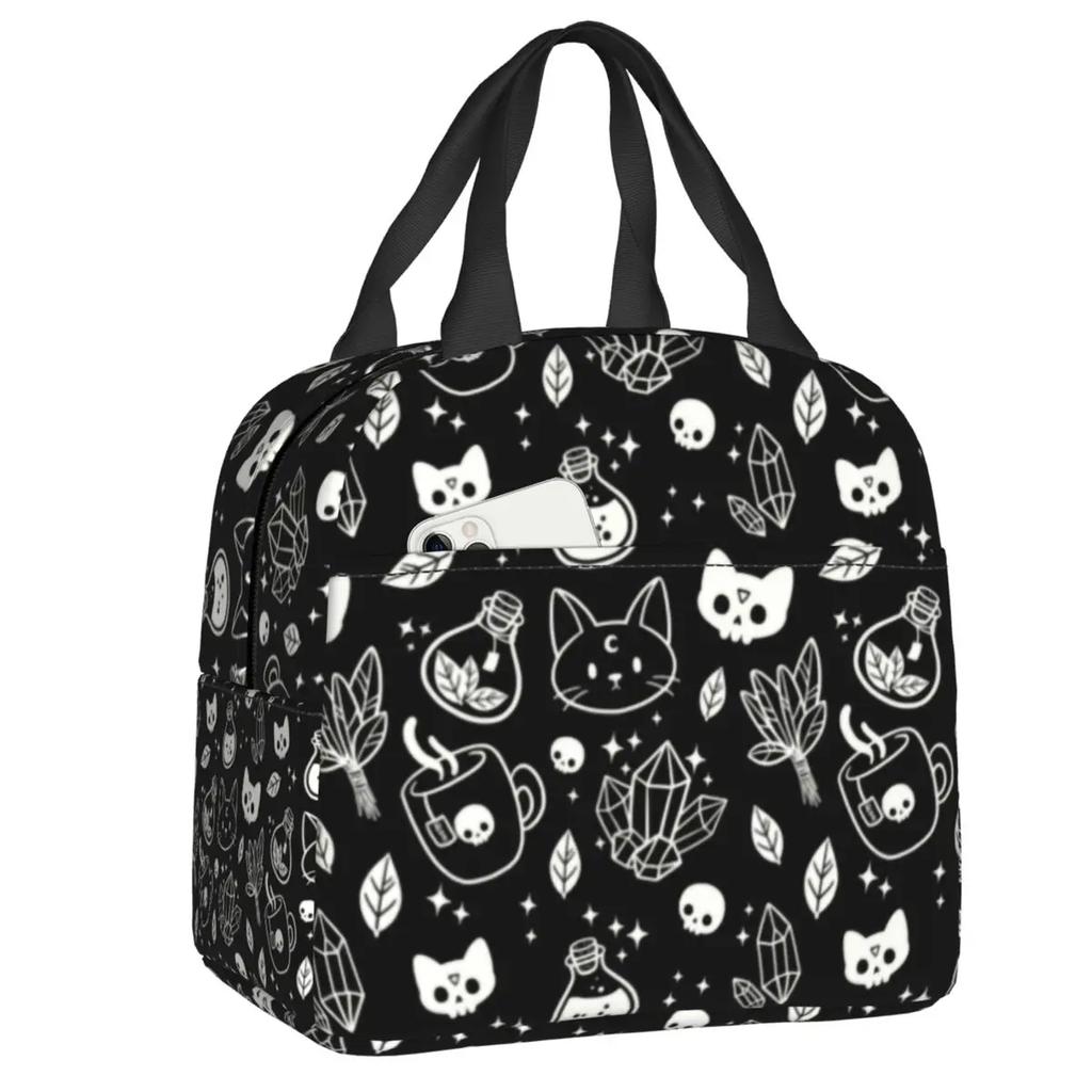 Herb  Insulated Lunch Tote Bag for Women Halloween Witchy Spooky Cat Cooler Thermal Food Lunch Box Outdoor Camping Travel