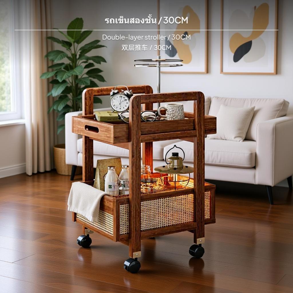 2-Tier Walnut Mobile Side Table Cart, Rattan Storage Rack, Living Room Sofa End