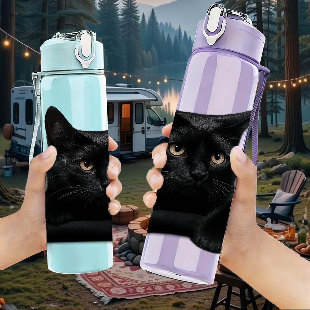 1PC Elegant Black Cat Resting 750ml Color Plastic Sports Water Bottle Leakproof Flip Straw Lid Suitable for Sports Office Home Use