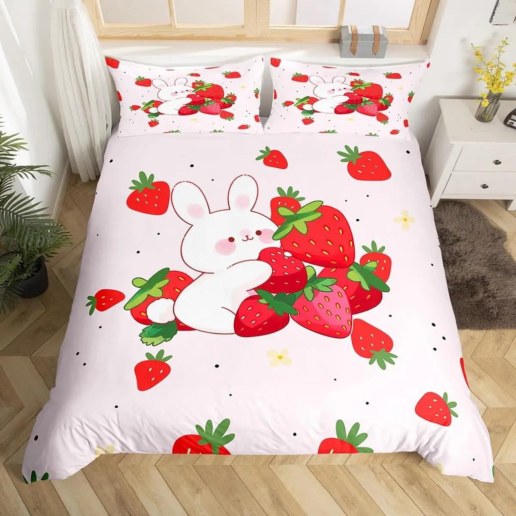 Sweet Strawberry Bedding Set Duvet Cover for Kids Children Teens Comforter Cover Bed Room Decor Pink Quilt Cover 3Pcs Full Size
