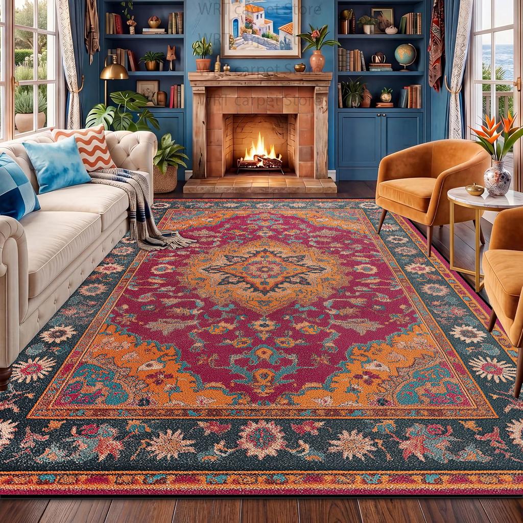 Persian-style Blue Living Room Carpet Retro Ethnic Non-slip Washable Bedroom Decoration Rug Home Dining Room Area Plush Foot Mat