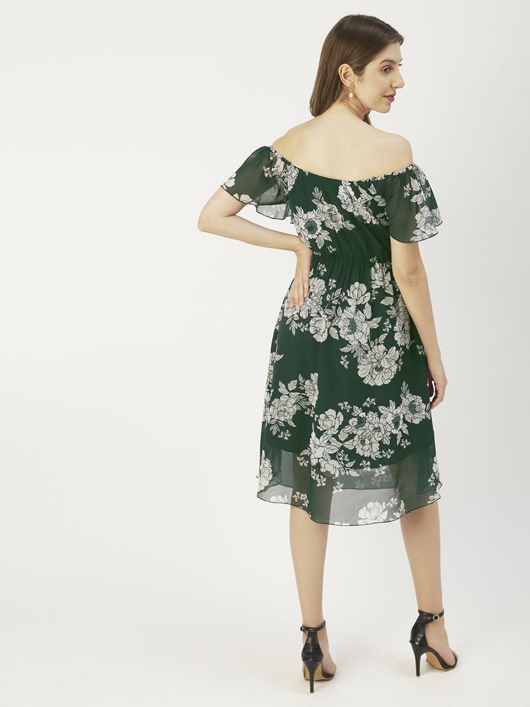 Moomaya Printed Off-Shoulder Poly Georgette Midi Dress Cinched Long Dress