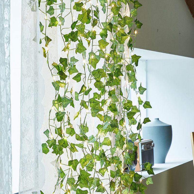 Solární břečťanové řetězové světýlka, umělá světla z révy vinné, girlanda, vílí řetězová světla, zelené listy z révy vinné, venkovní pro párty a zahradní dekoraci