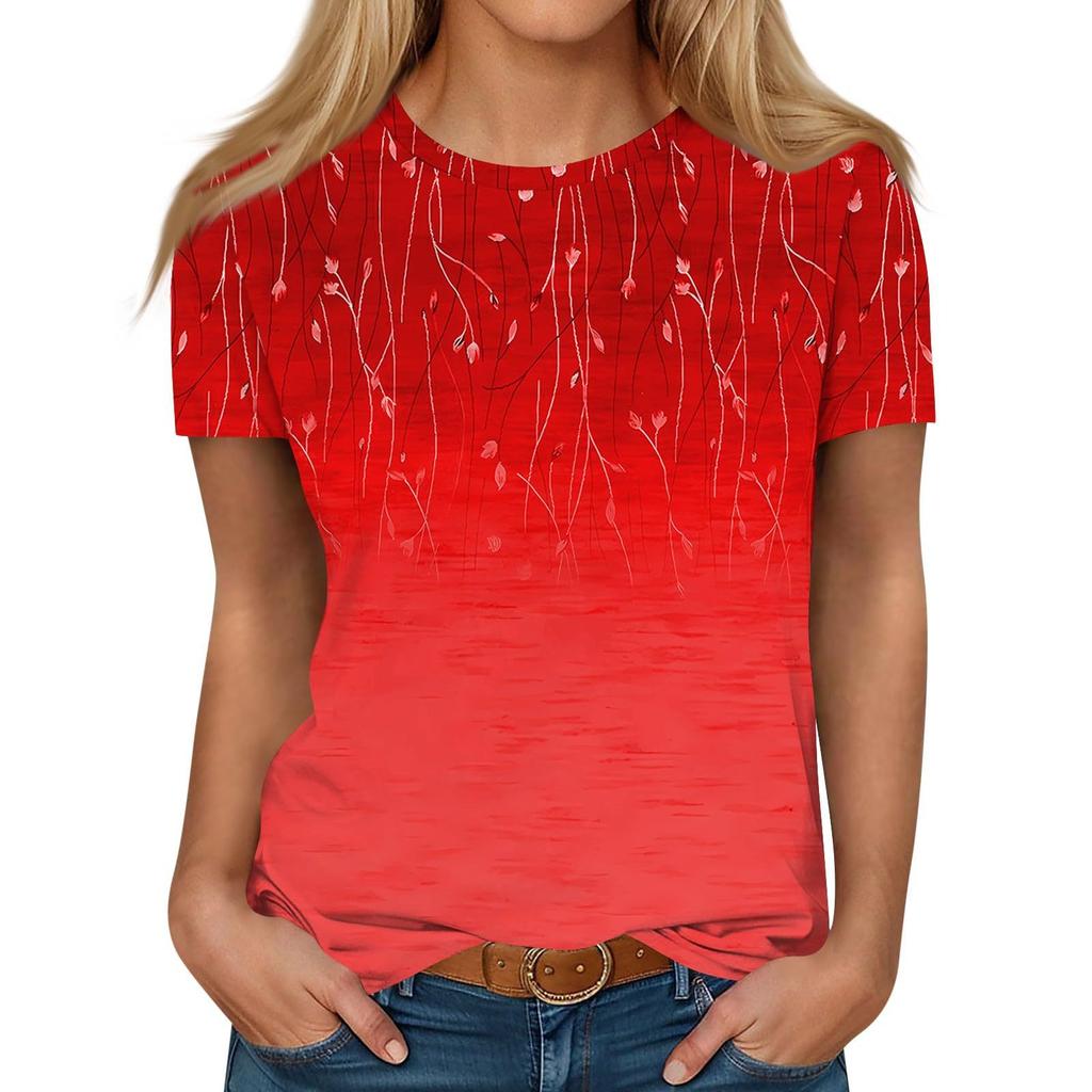 Summer Round Neck 3D Gradient Floral Print Top Fashionable Casual Short Sleeved Women's T-shirts