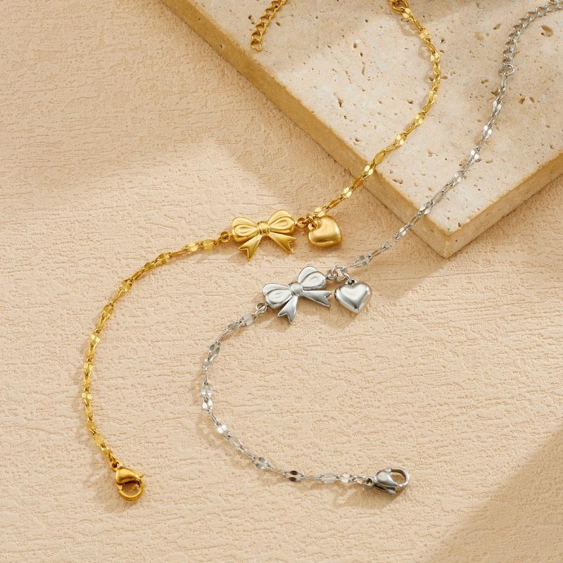 Gold Bow and Heart Charm Link Bracelet for Women