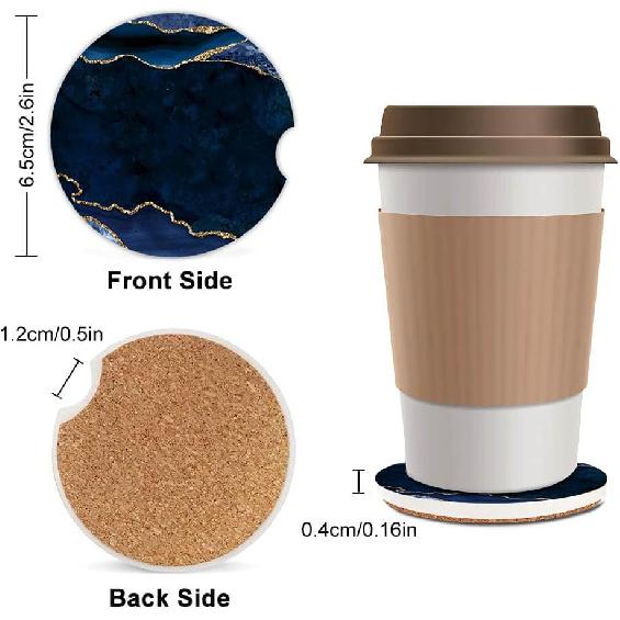Ceramic Cup Holders Car Coasters for Women/Men,Cool Absorbent Drink Cup Car Holder Coasters with A Finger Notch 2.56" Pack of 2,Blue Marble Gold
