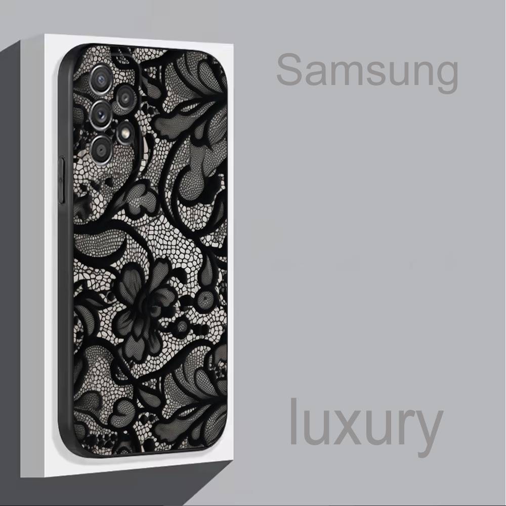 Lace Print P-Pattern Phone Case For Samsung S 9,10,21,30,22,23,24,25,Ultra,Plus,Lite,FE,4,5G Black Soft Case