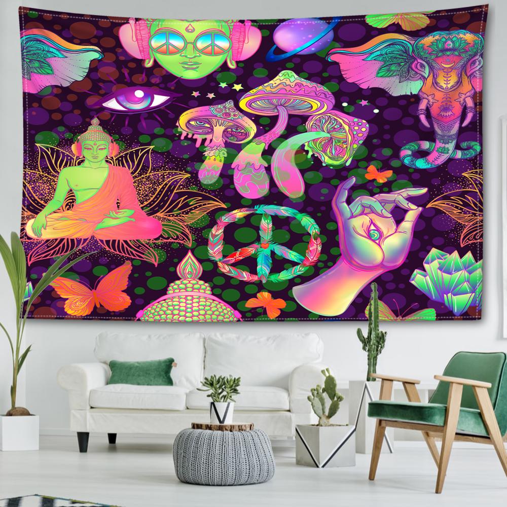 Abstrakte Pilze und Buddha-Statuen Wandteppich Hängen Kunst Hexerei Mysterious Hippie Tapiz Schlafzimmer Wohnkultur
