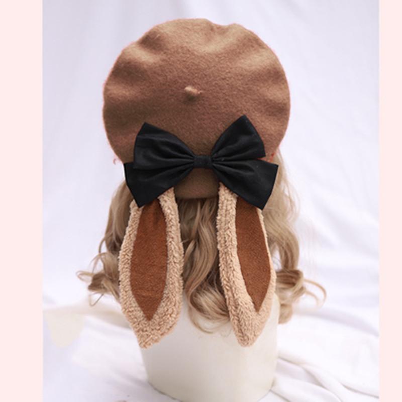 

Girls Cute Rabbit Ears Lolita Beret Hat Warm Beanies Hat Unisex Artist Cap Dome Pink solid color decorate Wholesale 56-58CM No wig фіолетовий