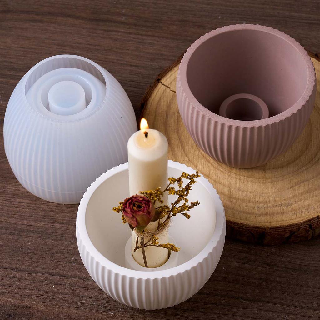 Round Stripe Candle Cup Silicone Mold DIY Candlestick Concrete Casting Molds Plaster Resin Flowerpot Craft Making Home Decor