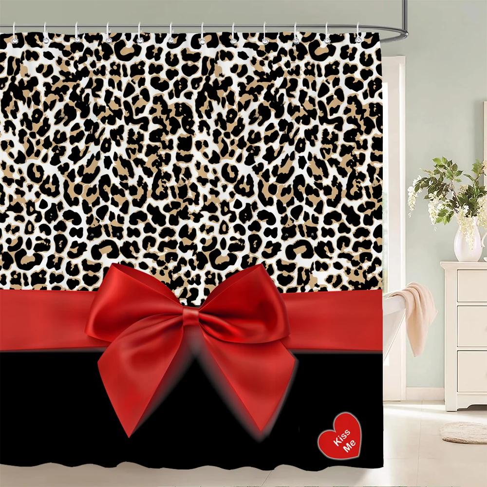 1 Pc Modern Bowknot Leopard Pattern Shower Curtains With Hooks Bathroom Curtains Printing Shower Curtain Home Decor Curtain