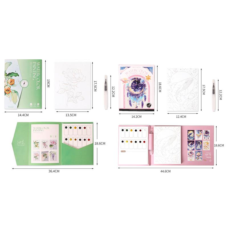 1Set Creative Watercolor Painting Set With 12-Color Solid Paint Kids Stress Relief Coloring Book Parent-Child Watercolor Art Kit